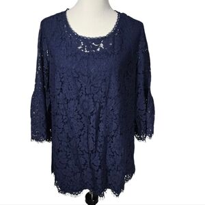 Isaac Mizrahi Live 1X Blue Lace Bell Sleeve Blouse